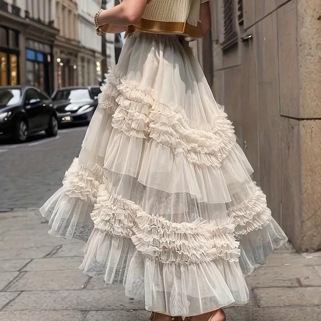 TEMU Heavy-duty Ruffle Mesh Irregular Puff Skirt | Solid Color, Contrast Mesh Detail, Ideal For Spring/summer
