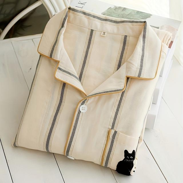 TEMU Paar-Pyjamas für Damen, aus reiner Gaze, mit minimalistischem Design und luxuriösem Gefühl, lange Ärmel, perfekt für Loungewear-Sets für den frühen Herbst.