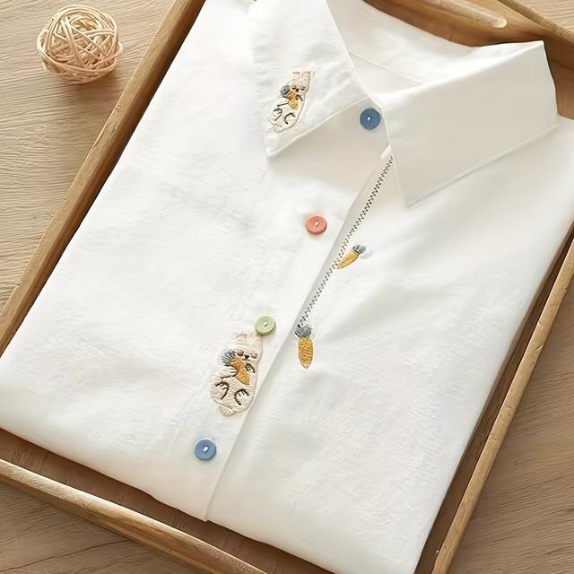 TEMU Embroidered Rabbit And Carrot Color Buckle White Women's Shirt