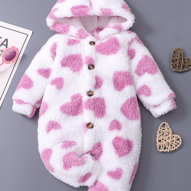 TEMU Girls' Autumn-winter Heart Plush Hooded Long-sleeve Bodysuit, Cute Casual Winter Outdoor Wear, Outdoor