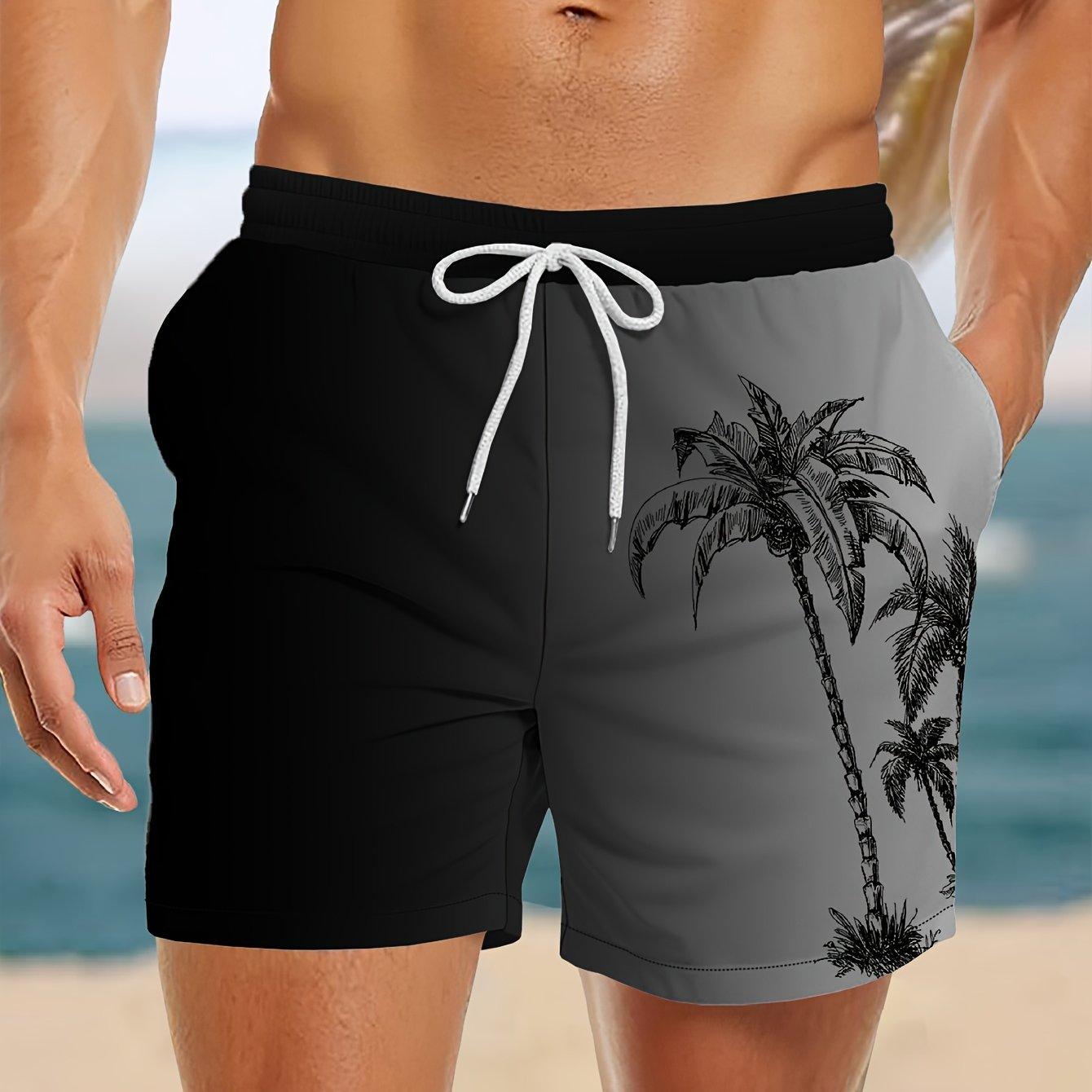 TEMU Men's Summer Print Pattern Drawstring Waist Slant Pocket Hawaiian Quick-dry Double-layer Mesh Lined Shorts Coconut Tree Gradient 3d Print Fashion Casual Trendy Beach Vacation Bermuda Shorts