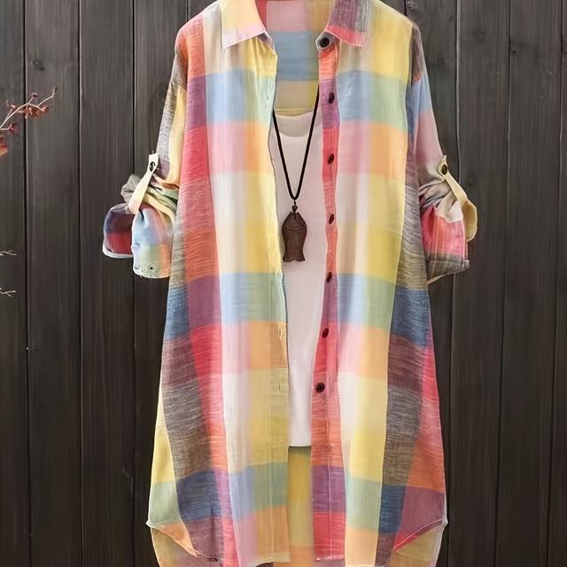 TEMU 플러스 사이즈, 여성용 체크무늬 셔츠 블라우스 - 캐주얼 시크 버튼업 셔츠 클래식 칼라, 네이비 블루 & 화이트 플레드 패턴, 가벼운 반투명 원단, 세탁기 사용 가능, 사계절 활용 가능한 탑, 레이어링 피스, 한국 스타일, 젊은 디자인, 내구성 있는 소재