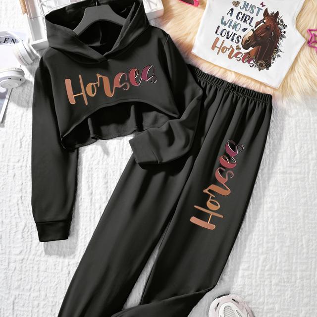 TEMU P5745(g18) -piece Set For Girls Featuring A Short Hooded Top, A Vest, And Long Pants, Surrounded By Flowers And A , For Outdoor