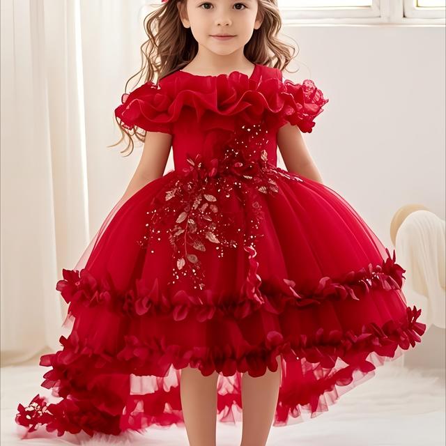TEMU Novo Vestido de Festa para Halloween e Natal Infantil, Decote Ombro a Ombro com Flores 3D em na Cor Sólida - Traje Elegante Para Meninas: Casamento & Aniversário