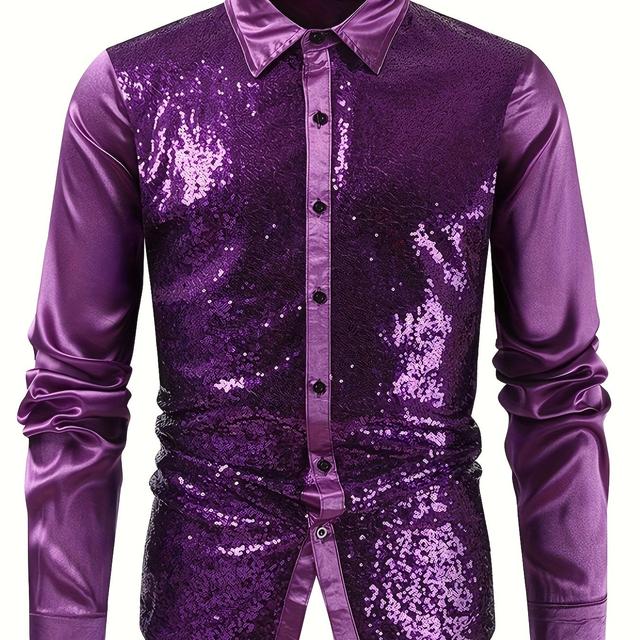 TEMU Men's Sequin Lapel Collar Long Sleeve Shirt, 100% Polyester, Casual Woven Shirting, Regular Fit, Single Breasted , Non-stretch Fabric, 120gsm - Solid Color With Sequin