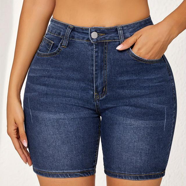 TEMU Shorts en denim moustaches bleu uni, shorts en denim extensible à poche slash, jeans et vêtements en denim pour femmes