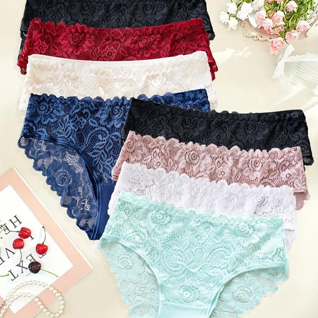 TEMU مجموعة من 8 قطع سراويل داخلية نسائية مقاس كبير مريحة وقابلة للتنفس بلون بيج فاتح مع دانتيل زهور وتصميم متنوع
