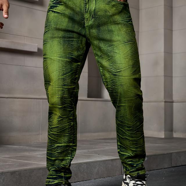 TEMU Men's Plus Size Tie-dye Stretchy Denim Jeans - Slim Fit, , Suitable For All , Plus Size