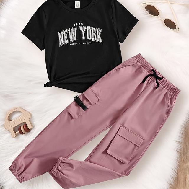 TEMU Completo Estivo per Bambine: Maglietta a Maniche Corte Slim Fit con Stampa Retro + Pantaloni Cargo Rosa con Vita e Tasche a , per Uscite all' - Taglie Medie/Grandi