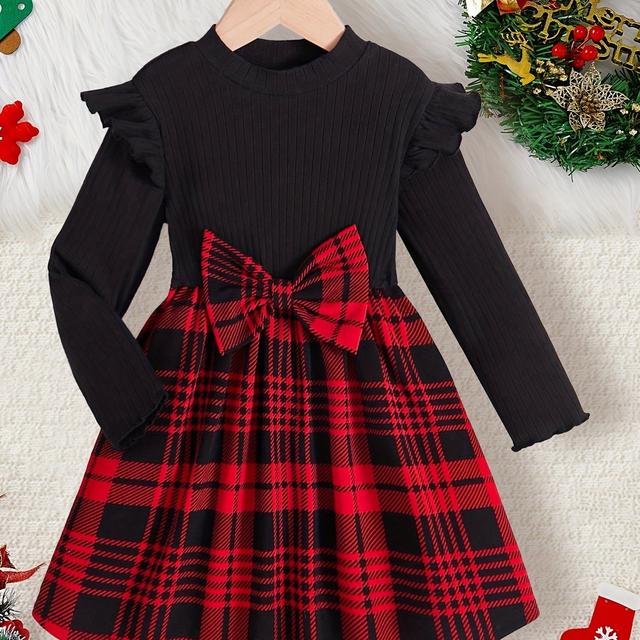 TEMU Mädchenkleid Frühling und Herbst Neuer Stil Kleine und mittelgroße süße Fliegenärmel Langarm-Top Geflechter Mode Vielseitiges Kleid