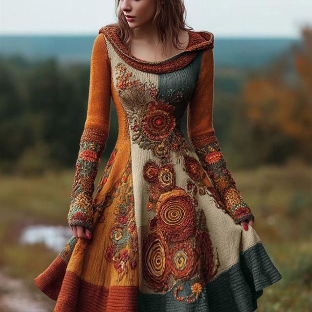 TEMU فستان كنزة نسائي بغطاء للرأس - تصميم مطبوع - غير مزخرف - أسلوب بوهيمي كلاسيكي - دافئ لفصلي والشتاء