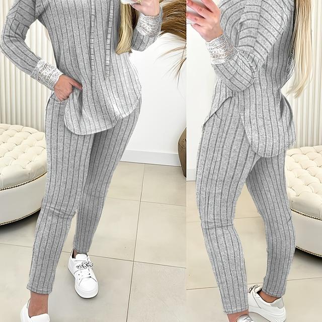 TEMU Dames Kanten Patch Geribbelde Hoodie en Broek met Zakken Set