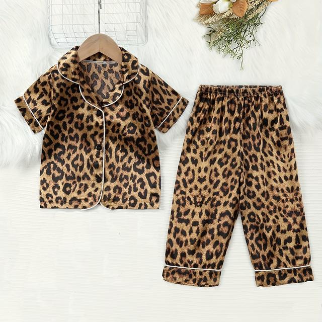 TEMU New Summer Girls' Short Sleeve And Long Pants Leopard Print Textured Home Clothes Pajamas Set That Passes Retardant 1615 Test