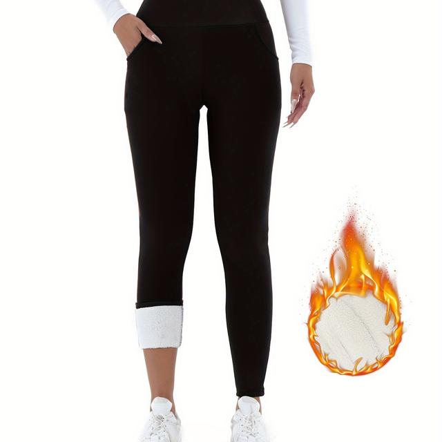 TEMU Women's High-waist Fleece-lined Leggings With Pockets - Cozy, Stretchy, Warm, , Perfect For Fall And Winter , High Waisted Leggings