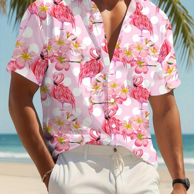 TEMU Men's Tropical Flamingo Print Beach Shirt - Breathable Summer Casual Top With Vibrant Pink & , Button-up Collar, Regular Fit - Perfect Gift For Men, Beach Clothes, Nonelastic Fabric