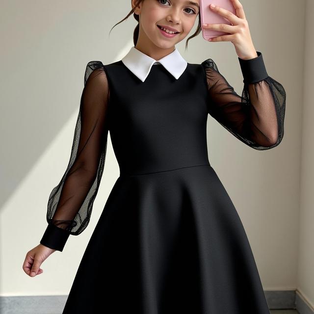 TEMU 2026 Mädchen Schwarzes, durchsichtiges Kleid mit Peter Pan Kragen | Vintage Schul-Kasualkleid für Mädchen (Nur Kleid)