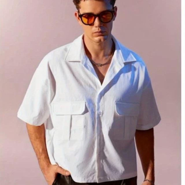 TEMU Men's Loose Fit Short Sleeve Shirt - Korean & Hong Kong Style Trendy Casual & Formal Wear, Breathable Fabric, Classic Collar, Solid Color, Versatile Top