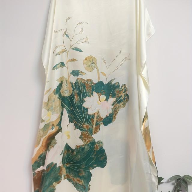 TEMU Robe Caftan Longue à Imprimé Floral d'Inspiration Vintage Grande Taille avec Accents Dorés, Non Extensible, Lavable à , Style Turc Toutes pour Femmes, Vêtement Confortable en Tissu