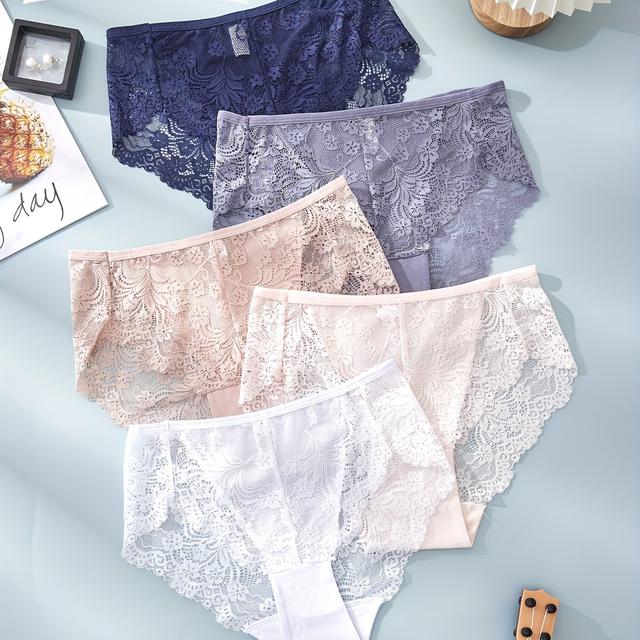 TEMU Conjunto de 5 cuecas elegantes de cintura para mulheres, em mistura de poliamida e elastano, tecido de malha com de contrastante de estampado aleatório - Conjunto de cuecas de ajuste confortável