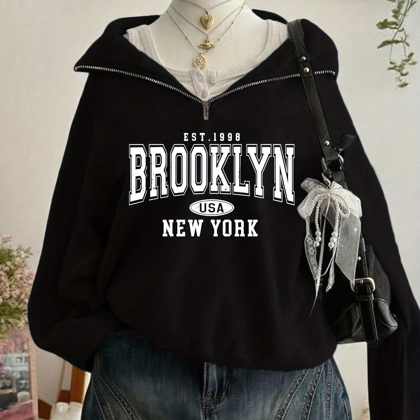 TEMU Fashionable New Women's Sweatshirt Featuring A Zip Design At The Neckline With Stylish English Letter Prints, Casual And Trendy Commuting Outfits