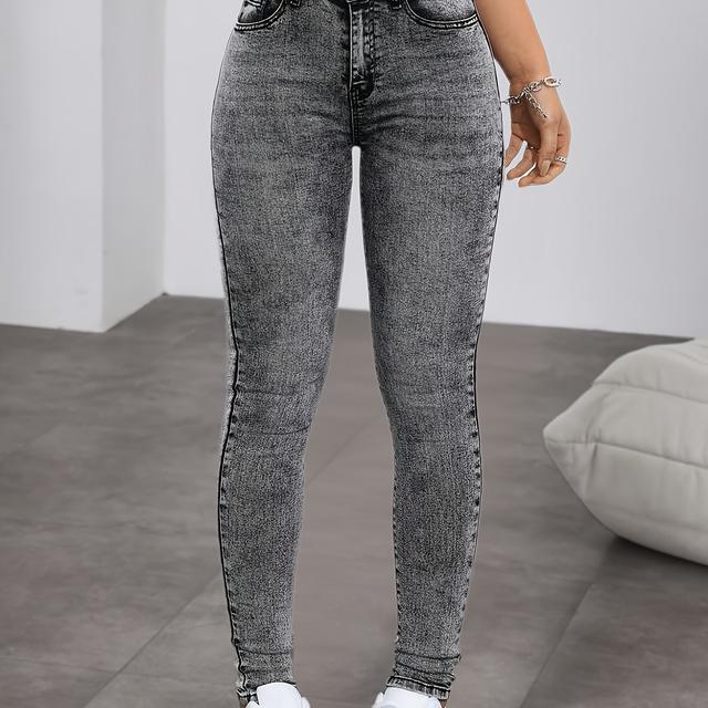 TEMU Elegant High-waist Skinny Jeans For Women - Stretch Denim, Snowflake Gray, Button Detail, Wear