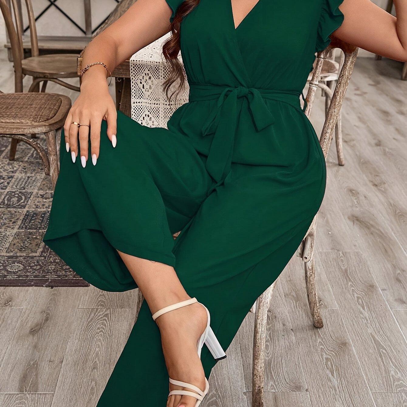 TEMU Ruffle And Belt Solid Color V-neck Bodysuit