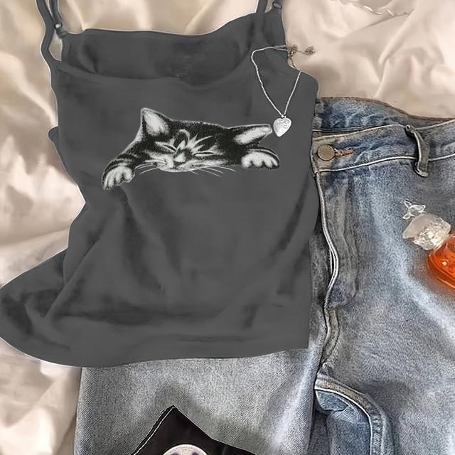 TEMU เสื้อครอปผู้หญิงแบบยืดหยุ่นจากโพลีเอสเตอร์-สแปนเด็กซ์พิมพ์ลายแมวน่ารัก - สายบางยืดหยุ่นสูง เสื้อยืดลำลอง, สามารถซักด้วยเครื่องได้ สำหรับทุกฤดูกาล