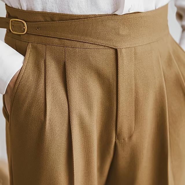 TEMU Men's Vintage-inspired Khaki Dress Pants - Regular Fit, Solid Color, Non-stretch Fabric, For , Formal Or Semi-formal Occasions, Formal Attire|traditional Pants|the Trouser Trou|