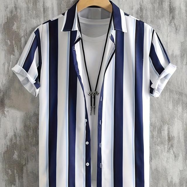 TEMU メンズカジュアルストライプサマーシャツ - 通気性の良いゆったりフィットラペル襟、わずかに伸縮性のある快適な半袖トップス、最新デザインのクストライプ柄シャツ、お手入れ簡単ファ、スフィット服