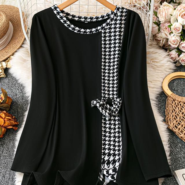 TEMU Women's Plus Size Chic Bow Detail Top - Crew Neck, Short Sleeve, Polyester Blend, Casual Yet Stylish, Wear, Plus Size Blouses