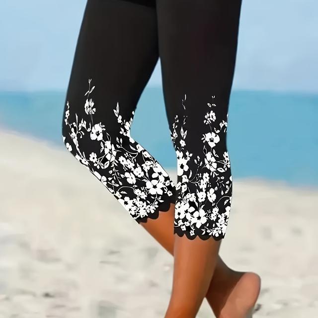 TEMU Plus Size - Plus Size - Women's Plus Size Floral Print High-waist Leggings, High-stretch Skinny Pants, Casual Comfortable Capri Length