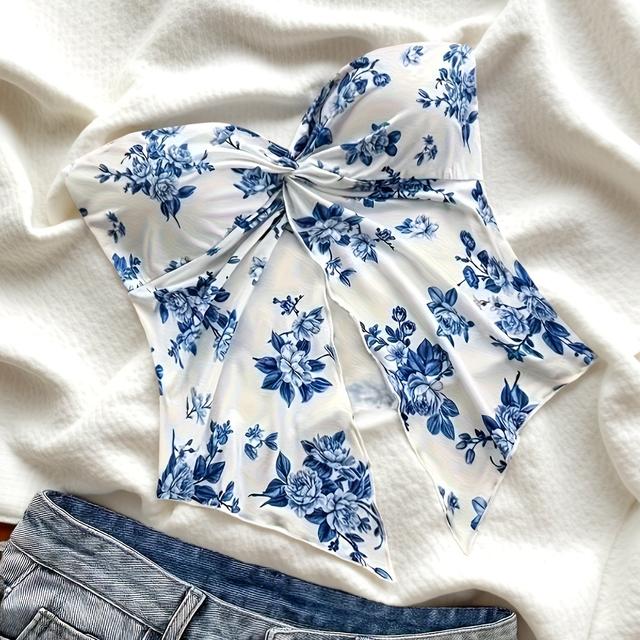 TEMU Women's Floral Strapless Crop Top - Floral Print, Slim Fit Short Sleeve, Machine Washable Spring Summer Tops, Floral Print Blouse, Beachwear Essential, Summer Style, Offshoulder Fashion