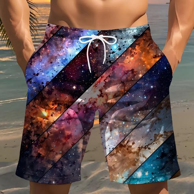 TEMU Men's Beach Shorts With 3d Starry - Lightweight Polyester Drawstring Waist, Casual Swim Trunks For , Golf, Fishing, Basketball, Camping, Gym, Swimming, Beachwear