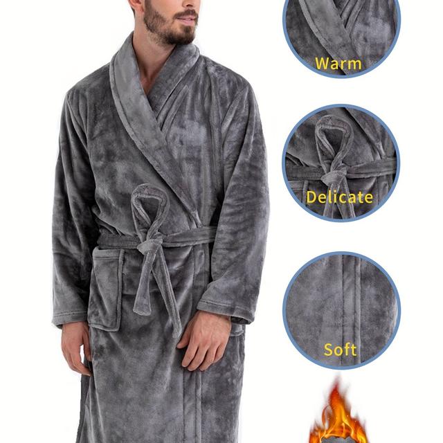 TEMU Herren Flanell Robe Set | Verdickte lange Korallen Fleece Pyjama für Herbst und Winter, geeignet für Größen S bis XXL, mit Gürtel, Unifarben.