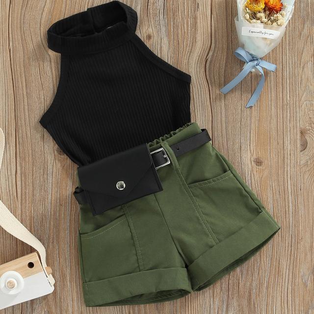 TEMU Conjunto de 3 Piezas para Niñas Pequeñas: Tops Sin + Shorts + Riñonera, Ideal para el Verano y Actividades al Aire Libre