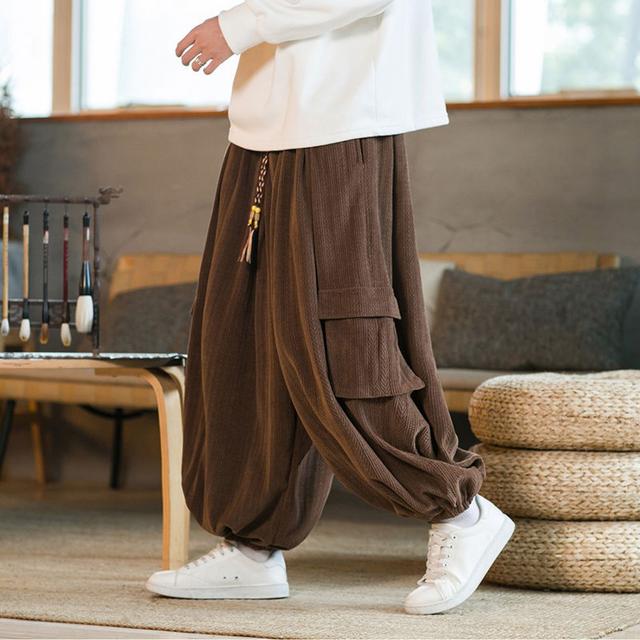 TEMU メンズ＆レディース プラスサイズ 中国風ストリートスタイル コーデュロイ ワイドレッグパンツ - 重量300ポンド対応、オール用 ルーズフィット ポケット付き ス カジュアルからセミルウェアまで、伝統的な中国ランタンデザイン（秋冬）- 日常・特別な場面に最適、大きくて高さのある男性服、大きくて高さのある男性衣類