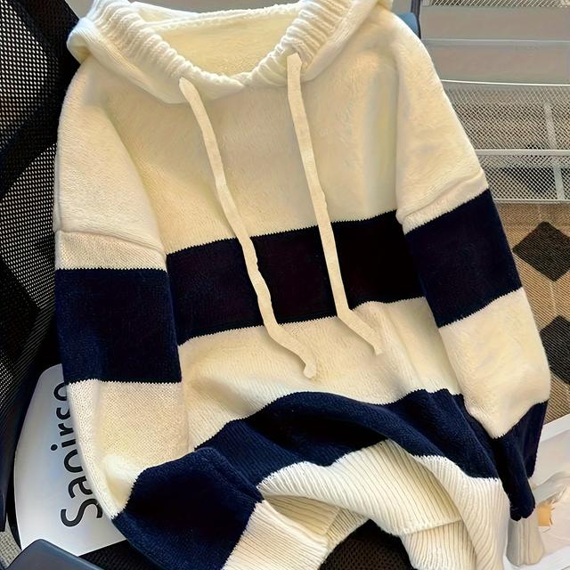 TEMU 1개 우아한 여성용 플러스 사이즈 후드 스웨터 - 가을/겨울용 캐주얼 폴리에스테르 니트 원단 풀오버, 약간의 스트레치, 후드 칼라, 끈