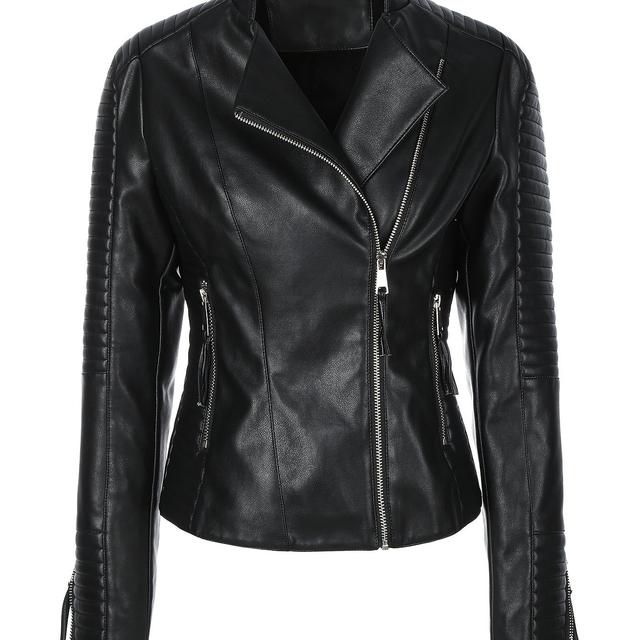TEMU Veste de Moto en Simili Cuir pour Femme - Élégante Veste Biker Slim-Fit H-Line à Col et Fermeture Éclair Intégrale, Veste d'Hiver Unie pour Passionnées de Moto (Vêtement d'Extérieur Décontracté)