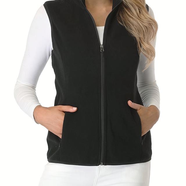 TEMU Women's Elegant Fleece-lined Sleeveless Vest Jacket With Zip Pockets - Soft, Warm & Lightweight For Fall/winter