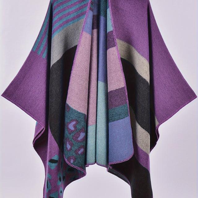 TEMU Plus Size Color Block Shawl Top, Vintage Open Front Cover Up Top For Spring & Fall, Women's Plus Size Clothing