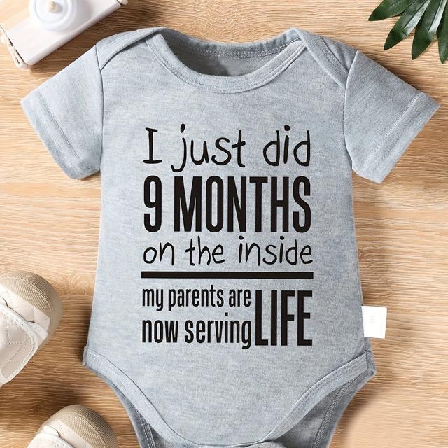 TEMU Baby Triangle Jumpsuit I Just Did 9 Months My Parents Are Life Letter Print Newborn Cute Short-sleeved Romper Onesie, For Outdoor
