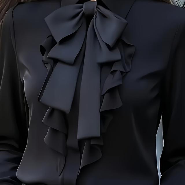 TEMU 플러스 사이즈, 레이스업 넥라인과 풀 디자인 감각의 솔리드 컬러 긴팔 셔츠, 출퇴근 및 외출용