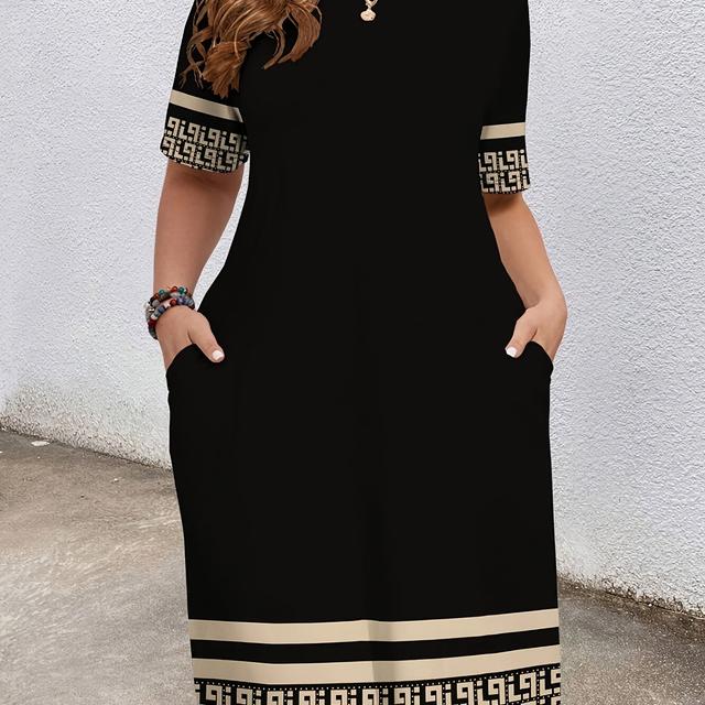 TEMU Women's Plus Size Black & Golden Geometric Print Maxi Dress With Pockets - Casual Short Sleeve Round Neck A-line Dress For Spring/summer, Casual Attire | Casual | Medium Stretch Fabric