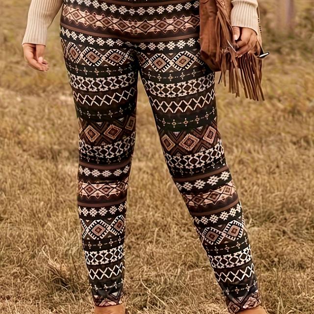 TEMU Plus Size, Plus-size Leggings, Vintage Ethnic , Stretchy, No Pockets, Comfortable Fabric