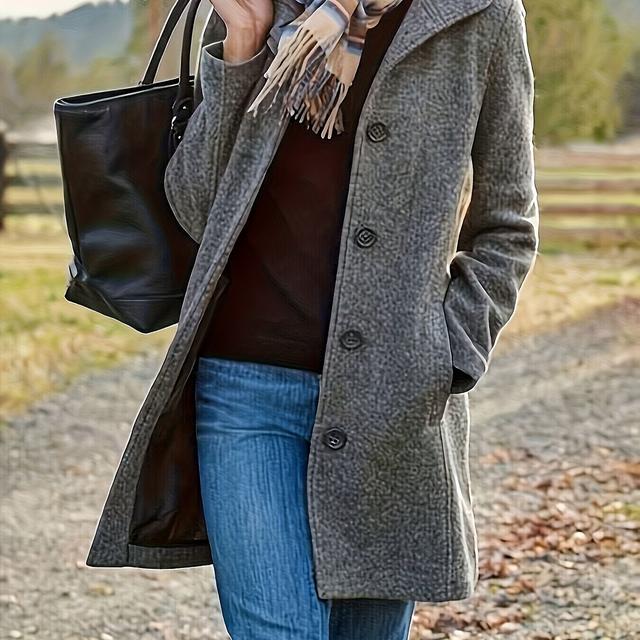 TEMU Women's Mid-length Tweed Coat - Solid Color Black, Button-up Front, Long Sleeve, Style For Fall/winter, Versatile Layering Piece, Seasonal Fashion, Elegant Design, Textured Fabric