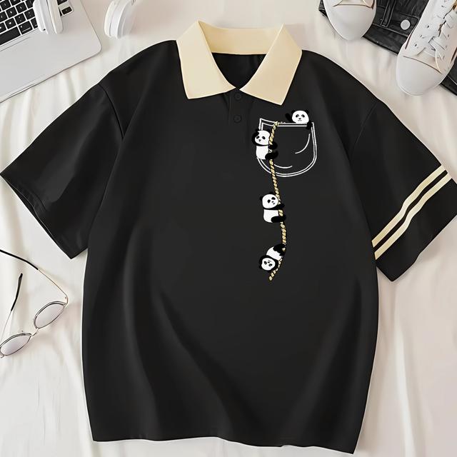 TEMU เสื้อโปโลสีขาวสำหรับผู้หญิงที่มีพิมพ์ลายแพนด้าน่ารัก - ผ้าทอด้วยเส้นใยโพลีเอสเตอร์ 95% สเปนเด็กซ์ 5% มีความยืดหยุ่นเล็กน้อย, เสื้อโปโลคอสวยสำหรับผู้หญิงใส่ได้ทุกฤดูกาล
