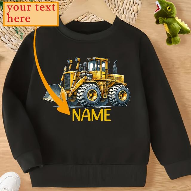 TEMU Chicfull Boys' Custom Name Excavator Print Sweatshirt, Casual Crew Neck Polyester Knit Fabric, Regular Fit Spring/fall Top With Stretch