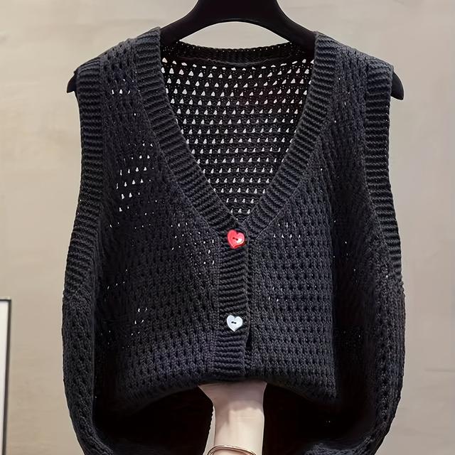 TEMU 플러스 사이즈, 우아한 플러스 사이즈 여성용 V넥 버튼 프론트 가디건 조끼 - 반투명 오픈워크 민소매 레이어링 아이템, 솔리드 오버사이즈 스웨터 베스트 (가을/겨울용)