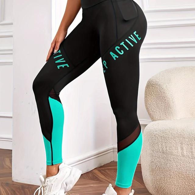 TEMU Casual Women's Color- Mesh Letter Print Pocket Comfortable Elastic Waist Versatile Fitted Yoga Leggings.