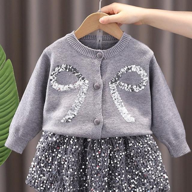 TEMU New Autumn/winter 2025 Girls' Knitwear Set For Back-to-, Stylish Sequined Bow 2pcs Set With Skirt And Top